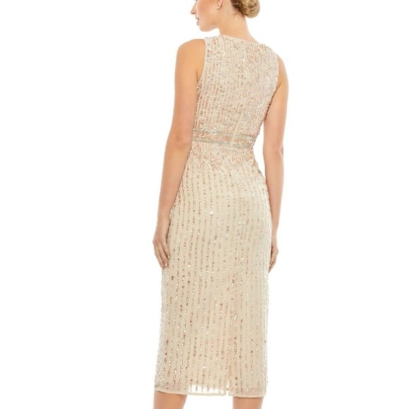 MAC DUGGAL 70267 SEQUINED SLEEVELESS V-NECK NUDE MIDI SHEATH DRESS sz 10 - Picture 2 of 5
